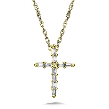10K Prong-Set Baguette Diamond Cross Pendant