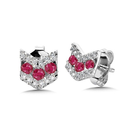 Angled 3-Row Diamond and Ruby Stud Earrings - ECR2523-W