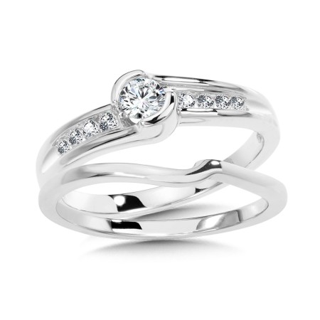 Round Half-Bezeled Diamond Engagement Ring and Wedding Band Bridal Set