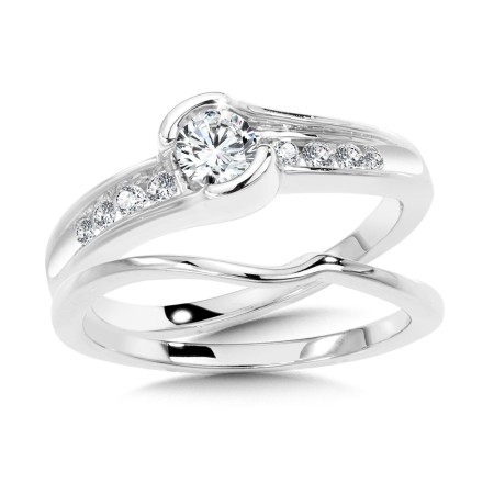 Round Half-Bezeled Diamond Engagement Ring and Wedding Band Bridal Set