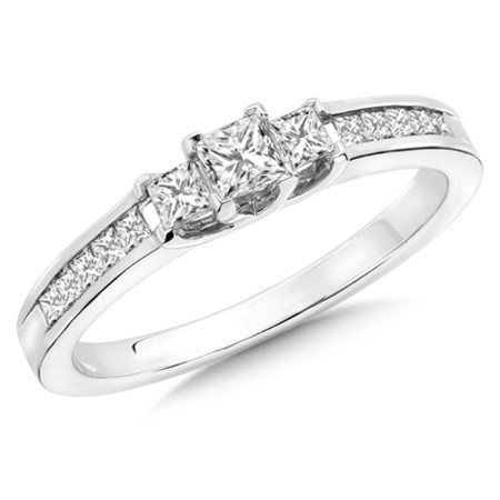Princess Cut Diamond 3-Stone 14k White Gold Engagement Ring With Pave set Shank