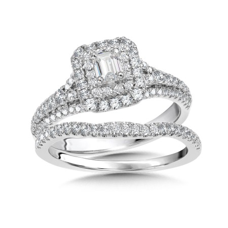 Double-Halo Emerald Cut Diamond Engagement Ring and Wedding Band Bridal Set