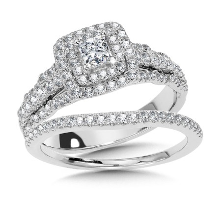 Double-Halo Princess Cut Diamond Engagement Ring and Wedding Band Bridal Set