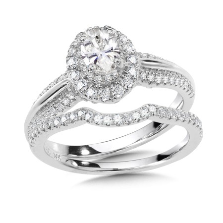Oval Double-Halo Diamond Engagement Ring and Wedding Band Bridal Set