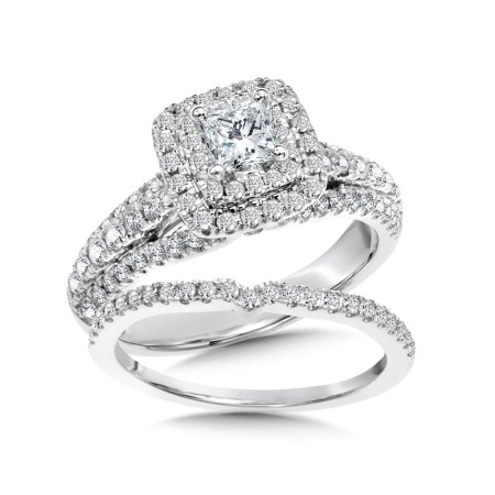 Princess Cut Double-Halo Diamond Engagement Ring and Wedding Band Bridal Set