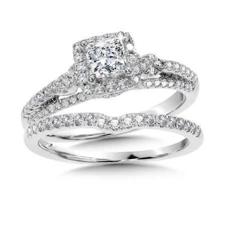 Princess Cut Halo Diamond Engagement Ring and Wedding Band Bridal Set