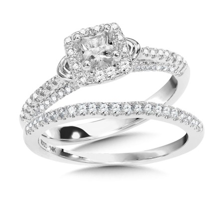 Winged Princess Cut Halo Diamond Engagement Ring and Wedding Band Bridal Set