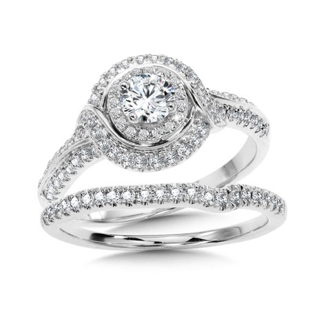 Round Double-Halo Spiral Diamond Engagement Ring and Wedding Band Bridal Set