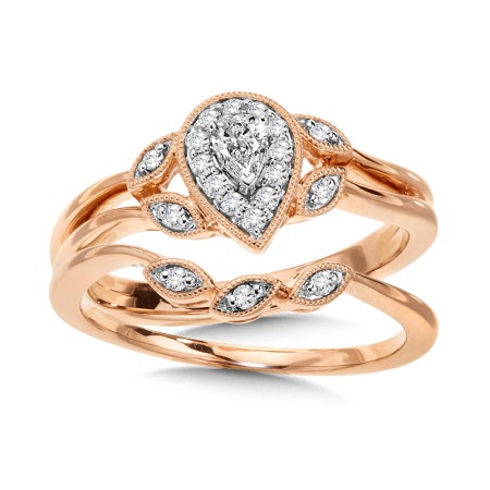 Pear-Shaped Halo and Split Shank Diamond Engagement Ring and Wedding Band Bridal Set