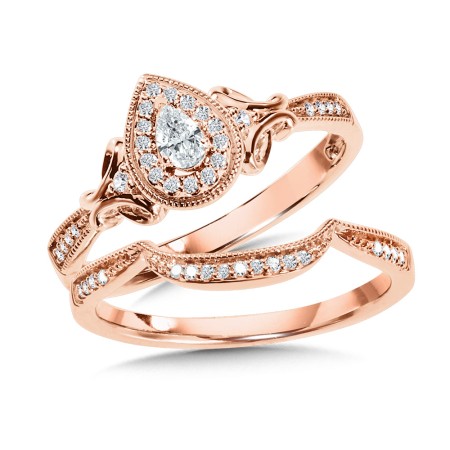14K Rose Gold Pear-Shaped Halo Diamond Engagement Ring and Wedding Band Bridal Set - BDD2536-P
