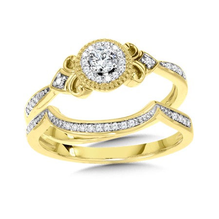 Ornate Round Halo Diamond Engagement Ring and Wedding Band Bridal Set