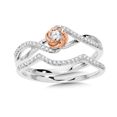 Floral Round Spiral Diamond Engagement Ring and Wedding Band Bridal Set