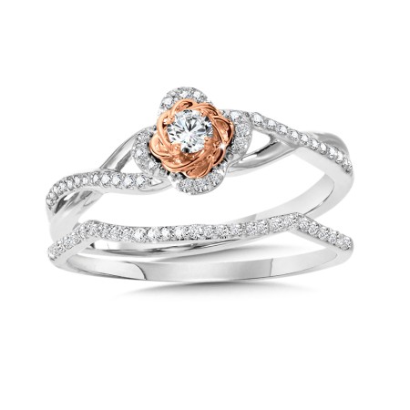 Floral Round Spiral Diamond Engagement Ring and Wedding Band Bridal Set