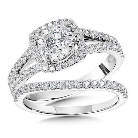 Cushion-Shaped Halo & Cluster Diamond Mirage Split Shank Bridal Set