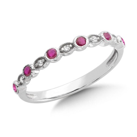 Pave and Bezel set Ruby and Diamond Stackable Ring in 14k White Gold