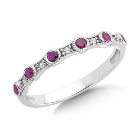 Pave and Bezel set Ruby and Diamond Stackable Ring in 10k White Gold