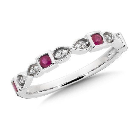 Stackable Ruby and Diamond Ring in Milgrained 14k White Gold