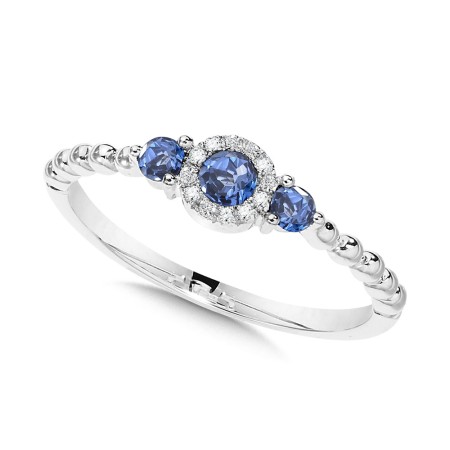 Beaded 3-Stone Halo Diamond and Sapphire Ring - CCS2558-W