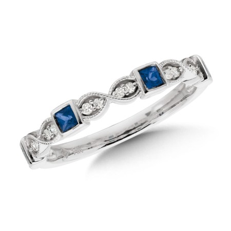 Stackable Sapphire and Diamond Ring in Milgrained 14k White Gold