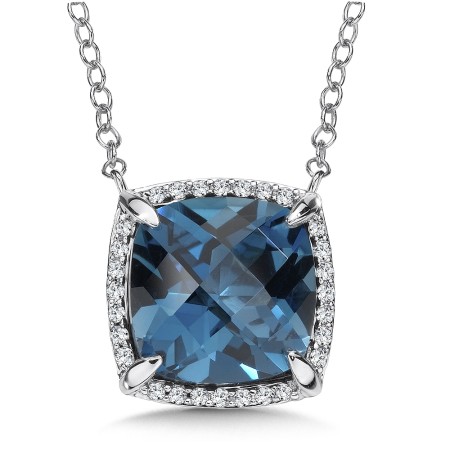 London Blue Topaz and Diamond Pendant in 14K White Gold