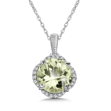 Green Amethyst and Diamond Pendant in 14K White Gold
