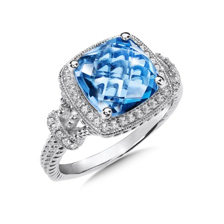 Blue Topaz and Diamond Ring in 14K White Gold