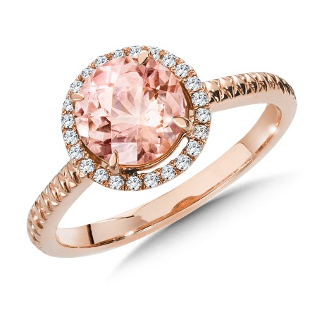 Morganite and diamond ring set in 14k rose gold.