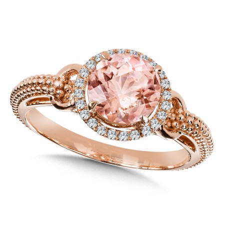 Diamond and morganite ring set in 14k rose gold.