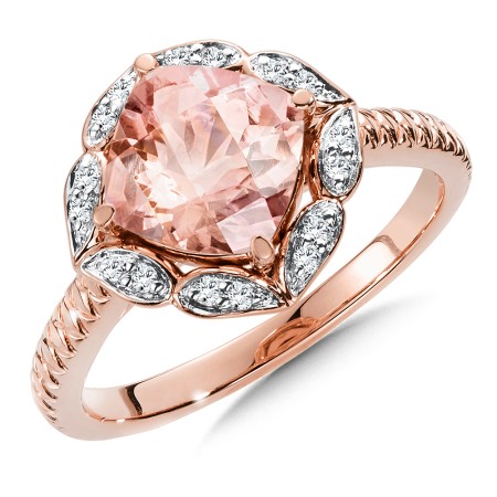 Cushion shape morganite and diamond ring in 14k rose gold.