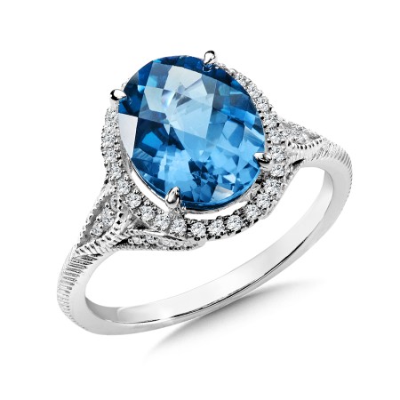 London blue topaz and diamond ring in 14k white gold.