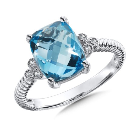 Swiss blue topaz and diamond ring in 14k white gold.