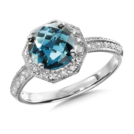 London blue topaz and diamond ring set in 14k white gold.