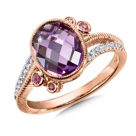 Amethyst, pink sapphire and diamond ring set in 14k rose gold.