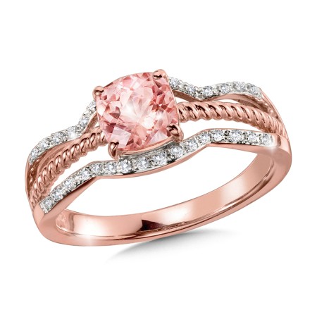 Diamond and morganite ring in 14k rose gold.