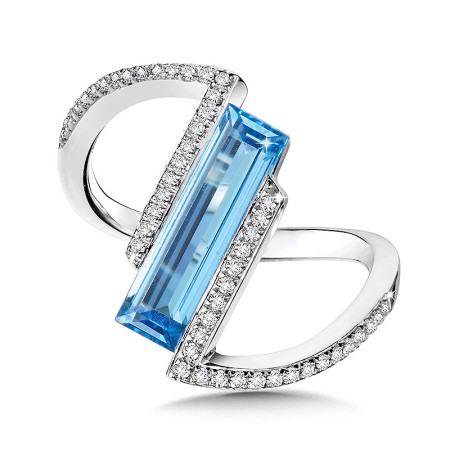 Diamond and Baguette Cut Swiss Blue Topaz Bypass Ring