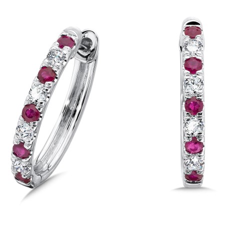 Channel set Diamond and Ruby Oval Hoop Earrings
