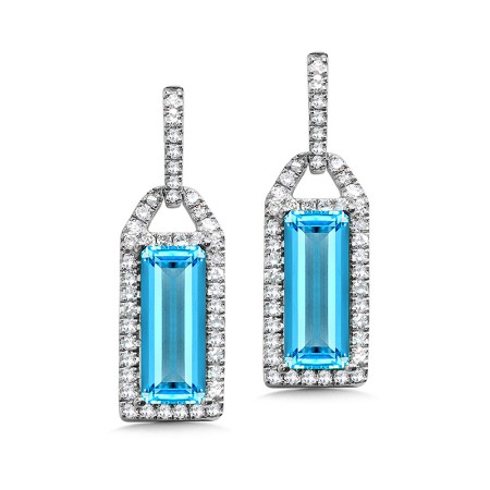 14K White Gold Emerald-Cut Blue Topaz and Diamond Earrings - CGE163W-DBT