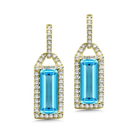Emerald-Cut Swiss Blue Topaz and Pave Diamond Earrings - CGE163Y-DBT