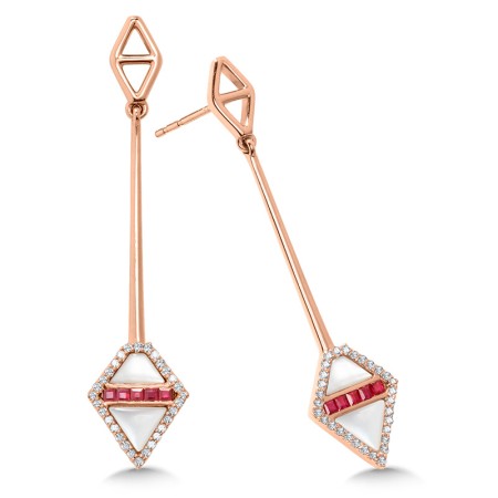Geometric Diamond, Ruby & Mother of Pearl Dangling Bar Earrings