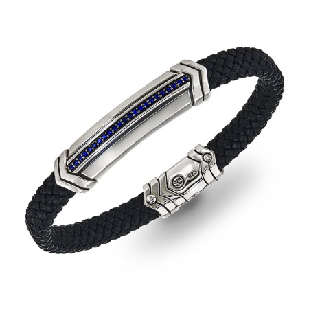 Men's Esquire Black Leather & Silver Bracelet with Blue Sapphires