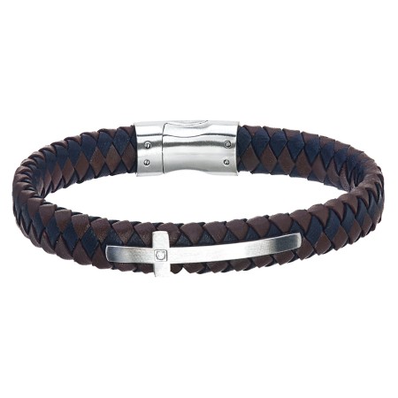 Men's Esquire Black & Brown Leather & Steel Diamond Cross Bracelet