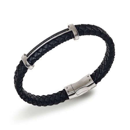 Men's Esquire Black Leather, Black Diamond, & Steel Bracelet
