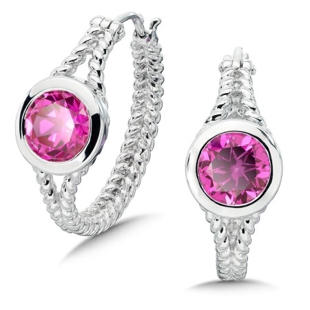 Sterling Silver Created Pink Sapphire Hoop Earrings