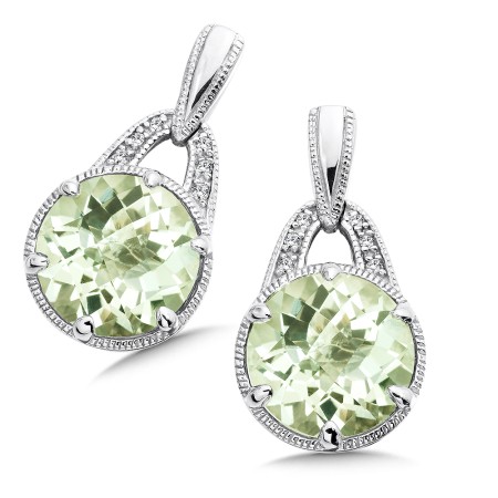 Sterling Silver Green Amethyst White Diamond Post Earrings