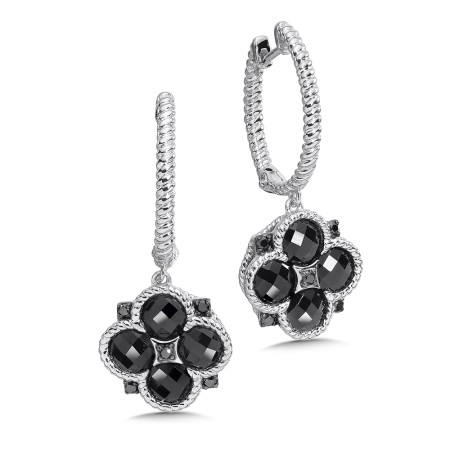 Sterling Silver Black Diamond & Onyx Dangle Hoop Earrings