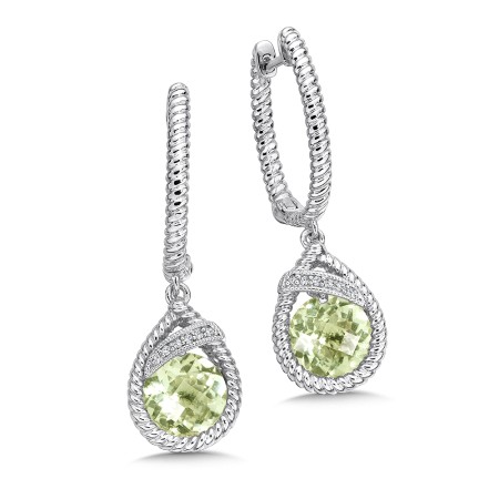 Sterling Silver Diamond & Green Amethyst Dangle Hoop Earrings