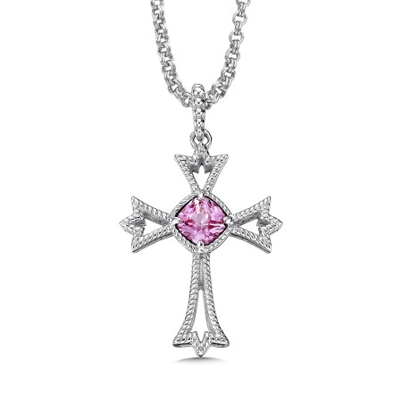 Sterling silver and created pink sapphire cross pendant