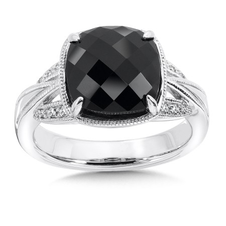 Sterling silver, onyx and diamond ring.