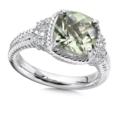 Sterling silver, green amethyst and diamond ring