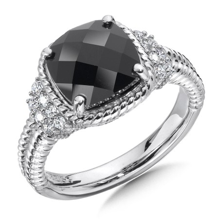 Sterling silver, black onyx and diamond ring
